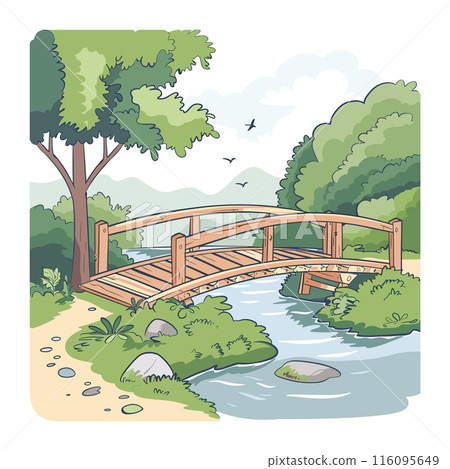 Wooden bridge over calm river, serene landscape, lush trees. Scenic countryside view, tranquil nature scene, outdoor escape. Peaceful park, relaxing environment, leisure walk, sunny day 116095649