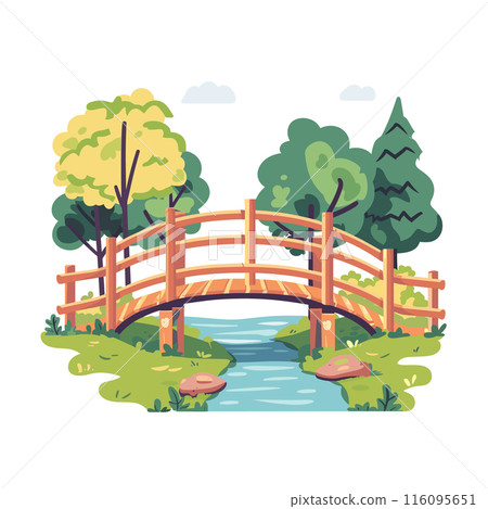 Wooden bridge crossing over bubbling stream surrounded lush greenery trees, serene park setting. Quaint bridge illustration river, foliage, peaceful nature landscape, cartoon style. Idyllic wooden 116095651