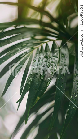 Closeup image featuring rainkissed tropical green leaves illuminated by natural light 116095652