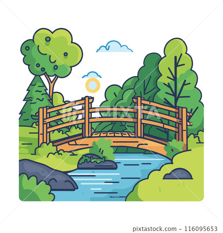 Wooden bridge over river cartoon illustration. Landscape features bridge crossing stream, surrounded trees bushes. Sunny day colorful nature scene Wooden bridge over river cartoon illustration. Landscape features bridge crossing stream, surrounded trees bushes. Sunny day colorful nature scene 116095653