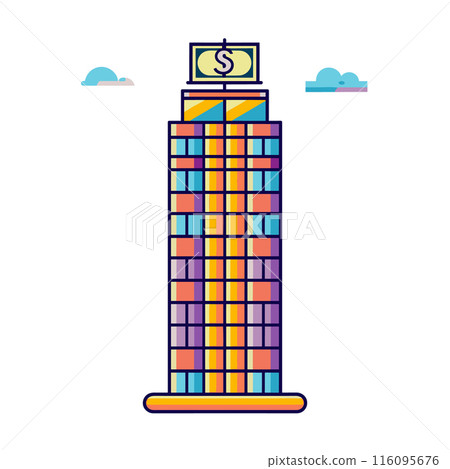 Vibrant skyscraper adorned dollar sign top symbolizing financial power, commerce. Multicolored office building represents urban business district, economic growth. Simplified cartoonish style Vibrant skyscraper adorned dollar sign top symbolizing financial power, commerce. Multicolored office building represents urban business district, economic growth. Simplified cartoonish style 116095676