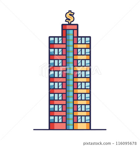 Colorful vector illustration skyscraper dollar sign top. Modern building graphics, isolated white background. Flat design style corporate office building, finance symbol Colorful vector illustration skyscraper dollar sign top. Modern building graphics, isolated white background. Flat design style corporate office building, finance symbol 116095678