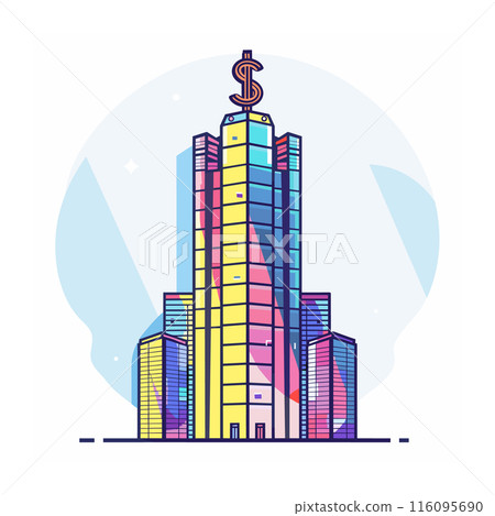 Colorful skyscraper dollar sign top concept financial district. Multicolored highrise building skyline business finance. Cartoon style modern cityscape illustration isolated white background Colorful skyscraper dollar sign top concept financial district. Multicolored highrise building skyline business finance. Cartoon style modern cityscape illustration isolated white background 116095690