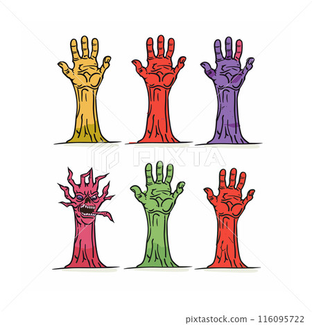 Six cartoon zombie hands reaching up, different colors, hand illustrations. Various zombified hands, detailed fingers, themed, graphical. Six separated zombie hand designs, colorful 116095722