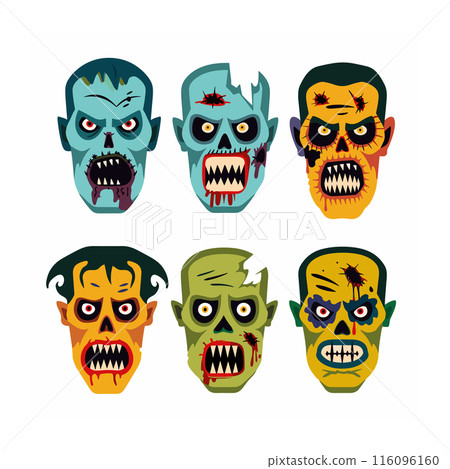Six cartoon zombie heads showing varying expressions, zombie head features grotesque details scars, blood, exposed teeth. Illustrated horror characters suitable Halloweenthemed designs 116096160