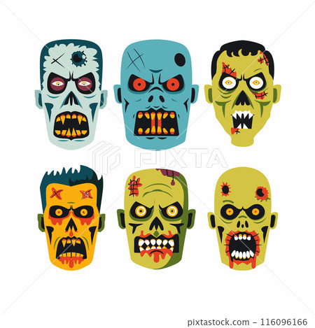 Six cartoon zombie faces display different expressions wounds, ideal Halloween themes. Bright colors, facial scars, undead features form spooky vibe party decorations. Vector graphics monstrous 116096166