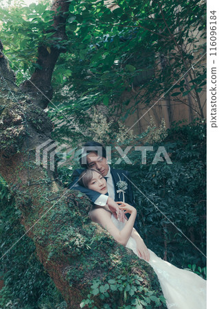 Bride and groom in tuxedo and wedding dress 116096184