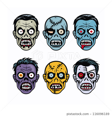 Six cartoon zombie faces displaying various expressions. Zombie faces feature different skin tones, scars, stitches. Colorful undead characters wide eyes sharp teeth 116096189
