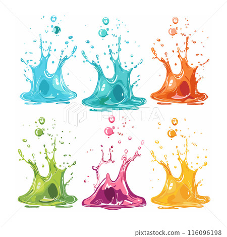 Colorful liquid splashes set isolated white. Six vibrant paint splatters, vector illustration. Creative drops blobs various colors, colorful design elements 116096198