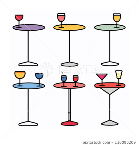Minimalistic illustration various glasses wine, cocktail, champagne colorful tables. Cartoon style graphics celebrating drinks bar, restaurant concept. Simplistic design drinkware alcohol beverage 116096209