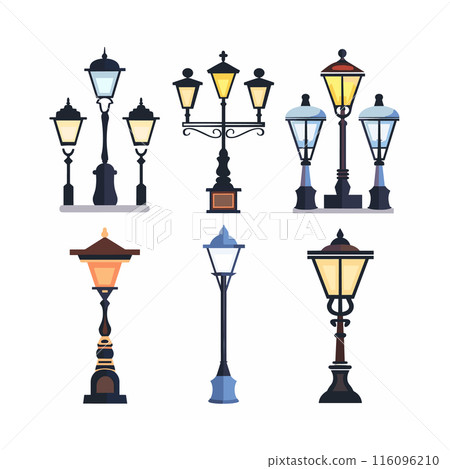 Collection various street lamps lanterns, featuring classic modern designs. Set urban lighting fixtures presented isolated white background. Different styles light posts suitable park, street 116096210