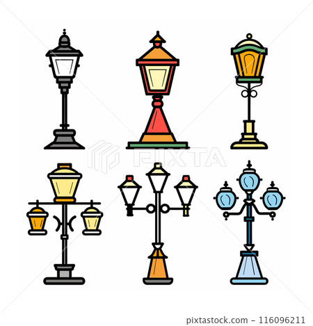Set street lamps, varied designs, colorful cartoon style. Different lampposts, urban light fixtures, bold lines. Collection city lighting, classic modern lamp styles, isolated white background Set street lamps, varied designs, colorful cartoon style. Different lampposts, urban light fixtures, bold lines. Collection city lighting, classic modern lamp styles, isolated white background 116096211