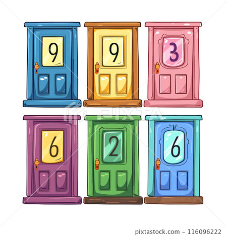 Colorful cartoon doors numbered 9, 3, 6, 2. Six bright doors illustrations childrens learning material. Various colored doors representing numbers educational purposes Colorful cartoon doors numbered 9, 3, 6, 2. Six bright doors illustrations childrens learning material. Various colored doors representing numbers educational purposes 116096222