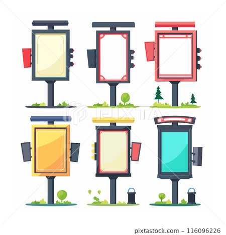 Collection colorful urban advertising billboards. Various shapes sizes outdoor advertising structures. Cartoon style city advertisement placeholders Collection colorful urban advertising billboards. Various shapes sizes outdoor advertising structures. Cartoon style city advertisement placeholders 116096226
