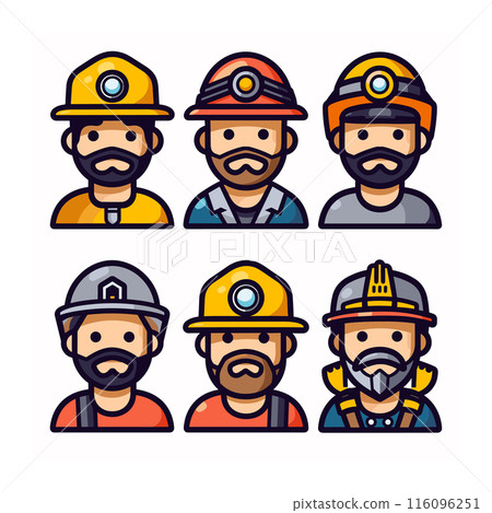 Six miners depicted, unique safety helmets, beards, facial expressions. Miners wearing helmets lights, reflective stripes, diverse beard styles. Cartoon miners, colorful uniforms, professional Six miners depicted, unique safety helmets, beards, facial expressions. Miners wearing helmets lights, reflective stripes, diverse beard styles. Cartoon miners, colorful uniforms, professional 116096251