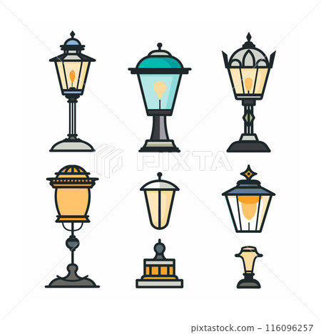 Collection street lamps illustrated flat design. Various designs street lighting fixtures. Colorful icons set urban lampposts isolated white background 116096257