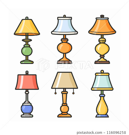 Flat design table lamps collection isolated white background. Assorted colorful desk lamps suitable interior design elements. Home decor lighting fixtures cartoon illustration 116096258