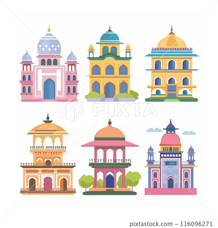 Collection colorful Indian landmark illustrations, famous buildings, architectural icons. Flat design Indian palaces temples, varied shapes sizes, cultural heritage sites. Vibrant colors, detailed 116096271
