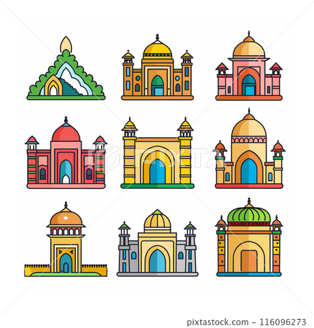 Collection cartoon Indian landmarks colorful. Set iconic India architecture, cultural monuments illustrations. Famous Indian buildings represented vibrant colors, artistic, isolated 116096273