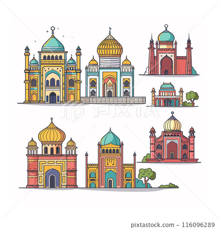 Six colorful mosques vector illustrations displayed, mosque features distinct architecture, domes, towers, elaborate detail. Vibrant hues, trees, clear skies enhance their beauty Six colorful mosques vector illustrations displayed, mosque features distinct architecture, domes, towers, elaborate detail. Vibrant hues, trees, clear skies enhance their beauty 116096289