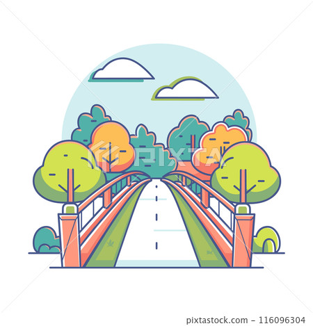 Illustration depicts colorful bridge leading through scenic autumn landscape. Vibrant trees line road, clouds float pastel sky, serene nature vibe. Cartoon style, smooth lines, gradient colors give 116096304