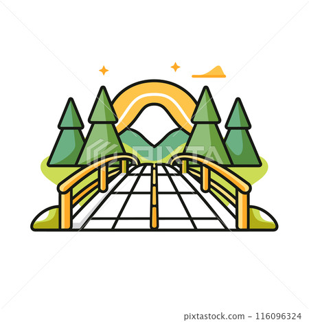 Flat design vector illustration landscape bridge, green trees, mountains yellow sun behind peaks. Bright colors, simple geometrical shapes, cartoonish style define artwork. Landscape scene ideal Flat design vector illustration landscape bridge, green trees, mountains yellow sun behind peaks. Bright colors, simple geometrical shapes, cartoonish style define artwork. Landscape scene ideal 116096324
