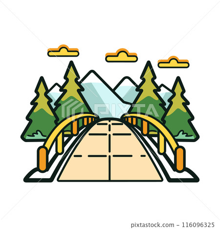 Colorful cartoonstyle illustration scenic mountain landscape bridge road leading towards snowcapped peaks. Bright yellow bridge brown railing crosses over clear path, flanked green pine trees under Colorful cartoonstyle illustration scenic mountain landscape bridge road leading towards snowcapped peaks. Bright yellow bridge brown railing crosses over clear path, flanked green pine trees under 116096325