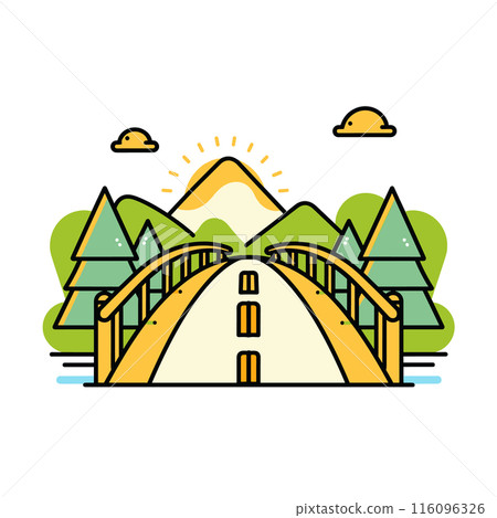 Colorful flat design illustration scenic landscape bridge, mountains, trees under sunny sky. No people present, focus nature stylized, simplified graphic form, bright sun shines over bridge Colorful flat design illustration scenic landscape bridge, mountains, trees under sunny sky. No people present, focus nature stylized, simplified graphic form, bright sun shines over bridge 116096326