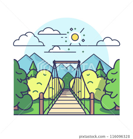 Suspension bridge leads mountains, sunny day nature scene illustrated vibrant colors. Cartoon style landscape, suspension bridge connects two lush green sides, clear sky mountains background Suspension bridge leads mountains, sunny day nature scene illustrated vibrant colors. Cartoon style landscape, suspension bridge connects two lush green sides, clear sky mountains background 116096328