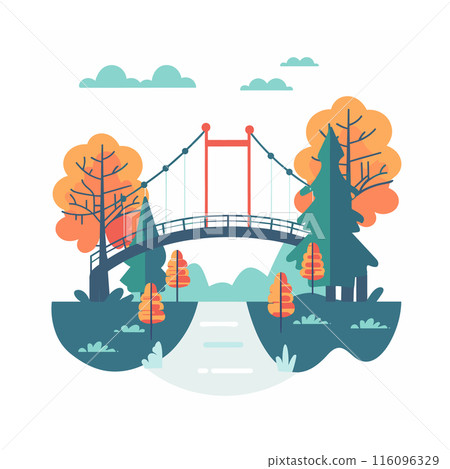 Peaceful autumn park scene featuring suspension bridge, trees orange foliage, serene river. Fall landscape illustration bridge connecting two landmasses, surrounded vegetation clouds. Flat design Peaceful autumn park scene featuring suspension bridge, trees orange foliage, serene river. Fall landscape illustration bridge connecting two landmasses, surrounded vegetation clouds. Flat design 116096329