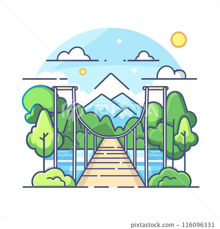 Suspension bridge leading mountains, sunny sky, green trees, calm river below. Serene nature landscape, hiking adventure, tranquil outdoor scene. Bright colors, flat design illustration, mountain Suspension bridge leading mountains, sunny sky, green trees, calm river below. Serene nature landscape, hiking adventure, tranquil outdoor scene. Bright colors, flat design illustration, mountain 116096331