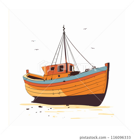 Orange brown fishing boat illustrated standing shore under clear sky, birds flying around. Cartoonstyle drawing wooden fisherman vessel grounded beach environment. Nautical theme artwork depicting 116096333