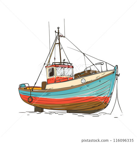 Fishing boat docked, colorful vessel, sea fishing. Handdrawn style illustration, nautical theme, vibrant hues. Moored fishermans boat, maritime equipment, isolated white background 116096335