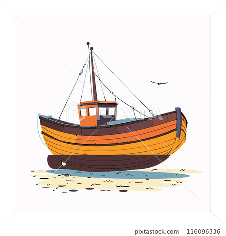 Fishing boat ashore under clear sky, suspended cables. Seagull flies above ocean next colorful wooden vessel, tranquil scene. Illustration maritime fishing industry, vibrant yellow orange hues 116096336