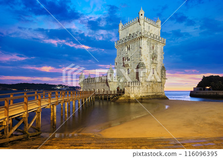 Belem Tower on the bank of the Tagus River in twilight. Lisbon, Portugal 116096395