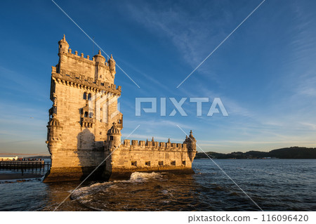 Belem Tower on the bank of the Tagus River on sunset. Lisbon, Portugal 116096420