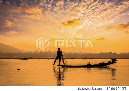 Traditional Burmese fisherman at Inle lake Myanmar 116096465
