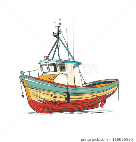 Fishing boat illustration white, colorful handdrawn trawler. Traditional fishermans boat drawing, maritime vessel isolated. Nautical theme fishing boat, sea travel, fishery equipment 116096580