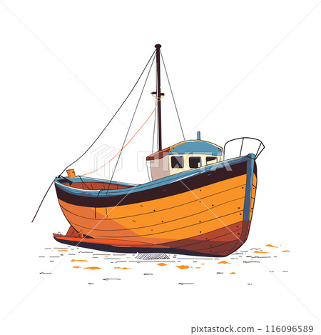 Fishing boat illustration stranded land, orange blue hull, mast, rigging. Cartoon style drawing wooden fishing vessel grounded, white cabin, antenna, fallen leaves. Vintage fisherman boat graphic 116096589