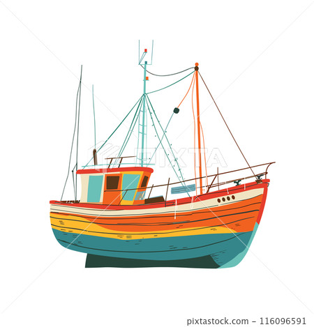 Colorful fishing boat illustration masts, nets, wheelhouse. Vintage style seafaring vessel, marine transportation. Oceanready commercial fisher isolated white background 116096591