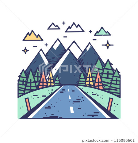 Scenic vector illustration mountain landscape, road leading mountains amidst trees under starry sky. Vibrant colors depict outdoor adventure, travel theme, nature backdrop. Stylized graphic 116096601