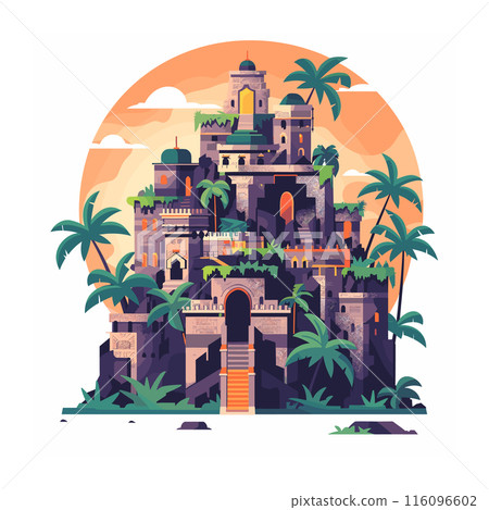 Stylized castle nestled among palm trees against sunset backdrop. Intricate architecture features arches, multiple levels, verdant foliage. Warm colors convey tranquil, exotic atmosphere 116096602