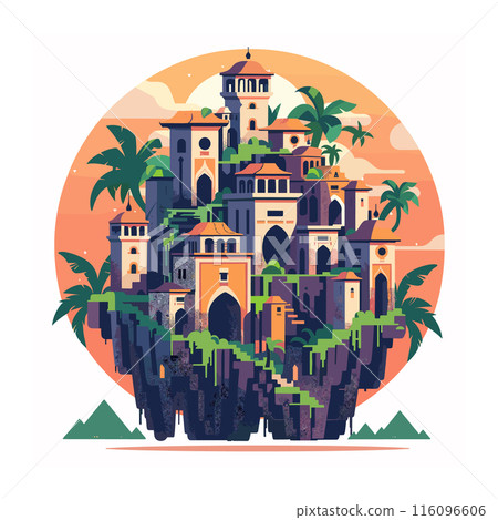 Fantasy castle perched atop floating island, surrounded lush greenery under sunset sky. Mystical floating city palm trees orange hues, evoking sense adventure. Stylized graphic magical citadel 116096606