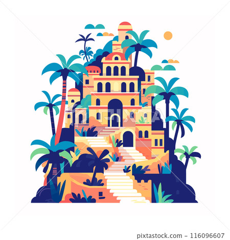 Colorful vector illustration tropical mansion surrounded palm trees under sunshine. Stylized graphic fantasy villa lush vegetation, vibrant colors, holiday vibes. Exotic castlelike building, sun 116096607