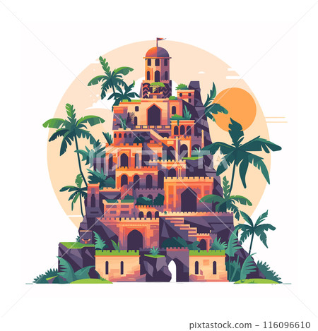 Ancient castle surrounded palm trees under golden sunset. Multilayered historic building terraces dome. Vibrant colors depicting tropical fortress architecture 116096610