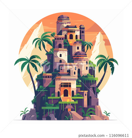 Ancient temple complex ensconced lush palms under setting sun. Stylized graphic ornate, multilevel architecture amidst tropical trees. Exotic ruins, mythical landscape dusk, circular sun backdrop 116096611