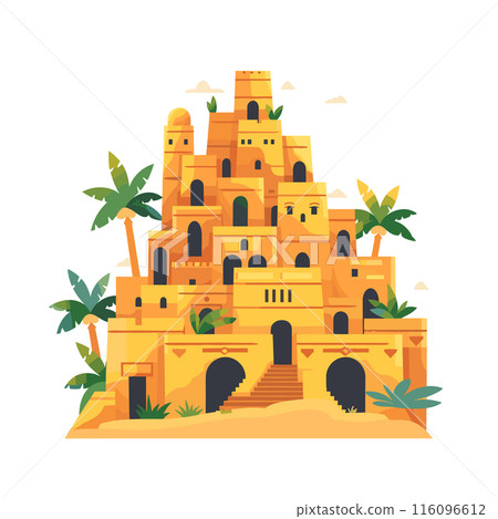 Desert castle vector illustration featuring ancient fortress architecture, sand, palm trees. Cartoon style desert palace amongst dunes under clear sky, yellow green color scheme. Flat design ancient 116096612