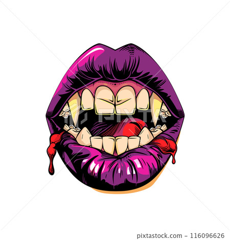 Vibrant purple lips dripping red, exaggerated comic style. Open yellow teeth, red tongue, visible drip. Pop art style illustration sensuous lips, shiny lip gloss effect 116096626
