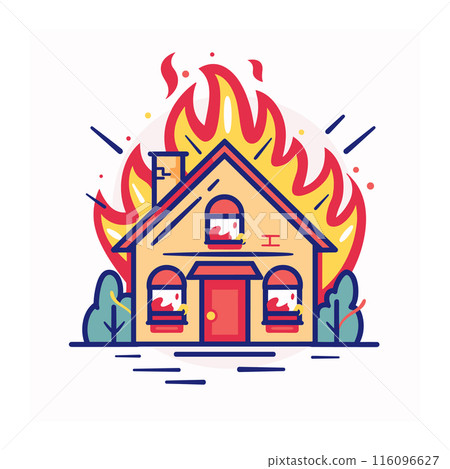 Cartoon house engulfed stylized flames, windows show petrified expressions, urgent emergency depicted. Vivid colors create sense danger panic, house fire concept. Illustration combines house, fire 116096627