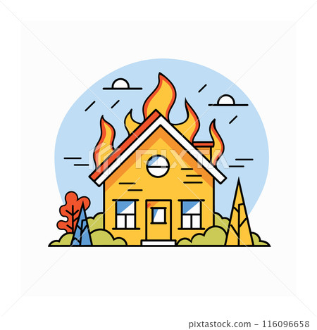 Yellow house fire, flames coming out roof, dangerous situation. Emergency scenario burning home, bright fire against blue sky backdrop. Cartoon style fire disaster vector illustration, house 116096658